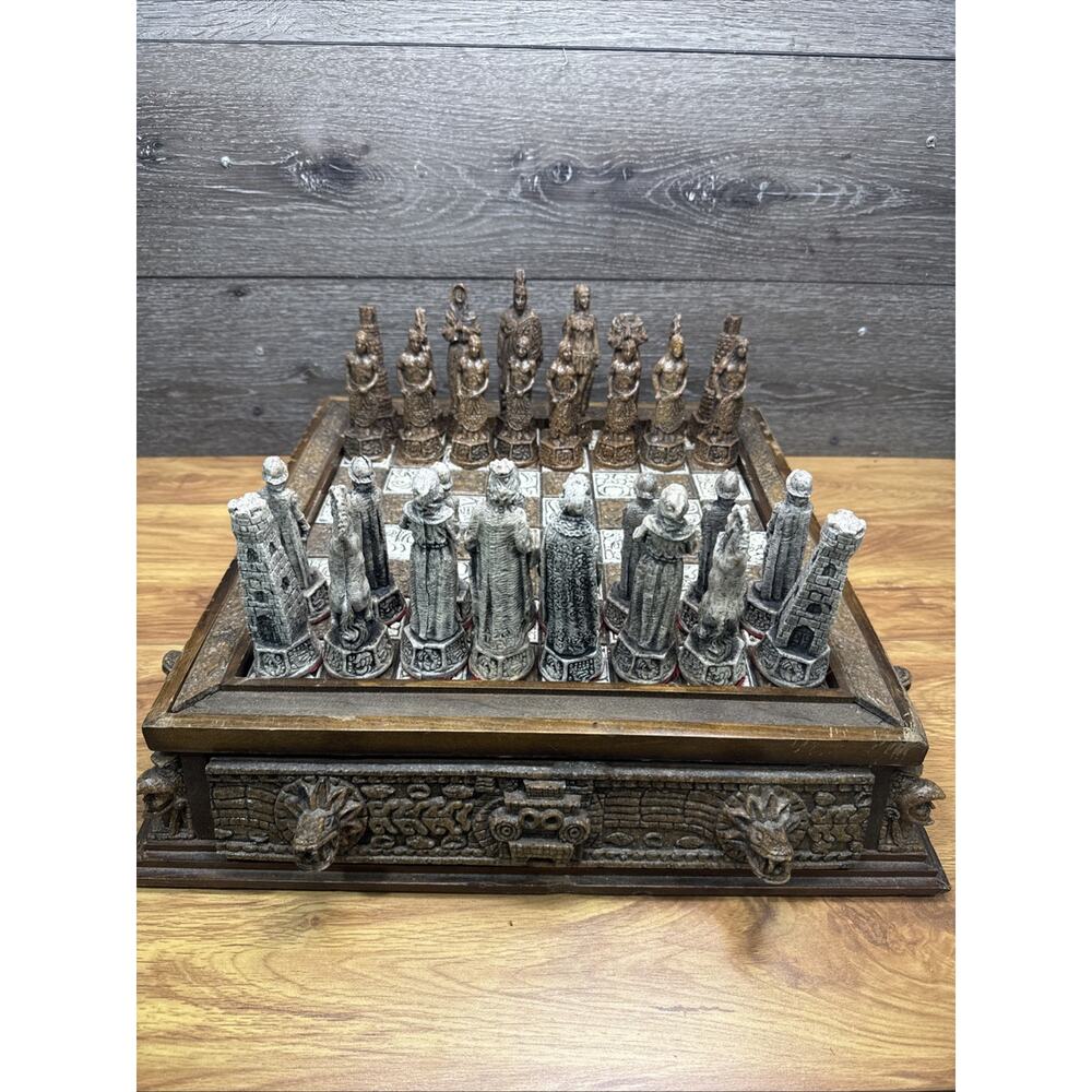 Vintage Mayan vs. Spanish Conquistadors Chess Set – Large 18" Board with Drawers